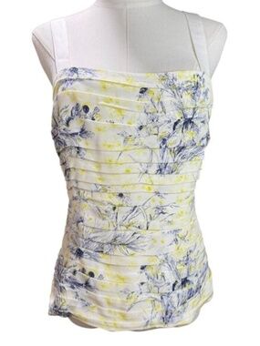 Cinq à Sept Floral Silk Bustier Top Size M – Ruched Yellow & Blue Camisole